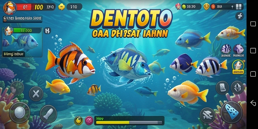 Tampilan gameplay DENTOTO dengan aksi menembak ikan yang seru.