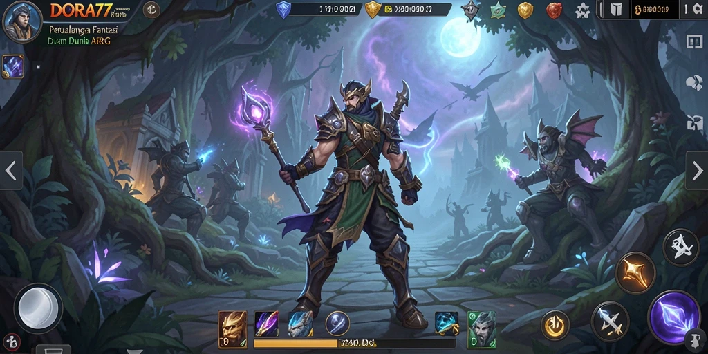 Tangkapan layar gameplay DORA77 menampilkan pertarungan epik dengan karakter yang kuat.