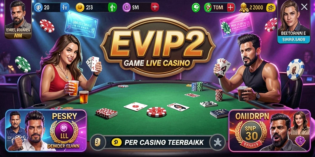 Screenshot gameplay Live Casino EVIP2 menampilkan dealer dan pemain yang interaktif.