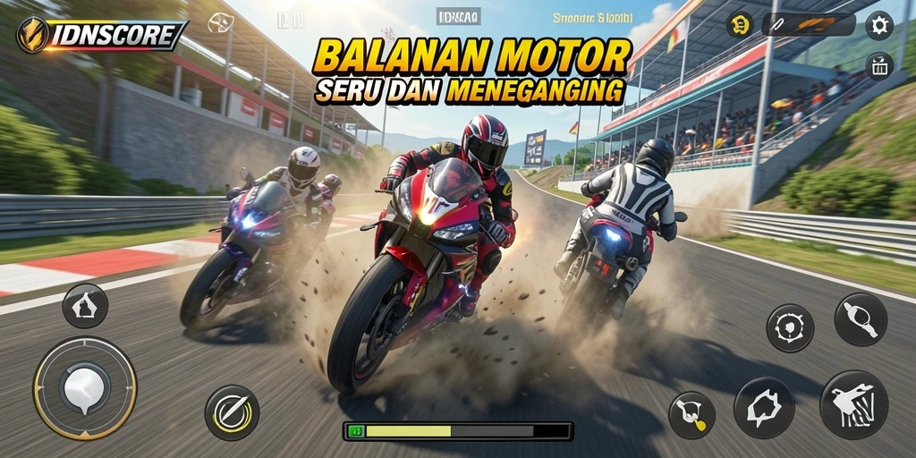 Screenshot gameplay IDNSCORE menampilkan balapan motor yang seru dan menegangkan.