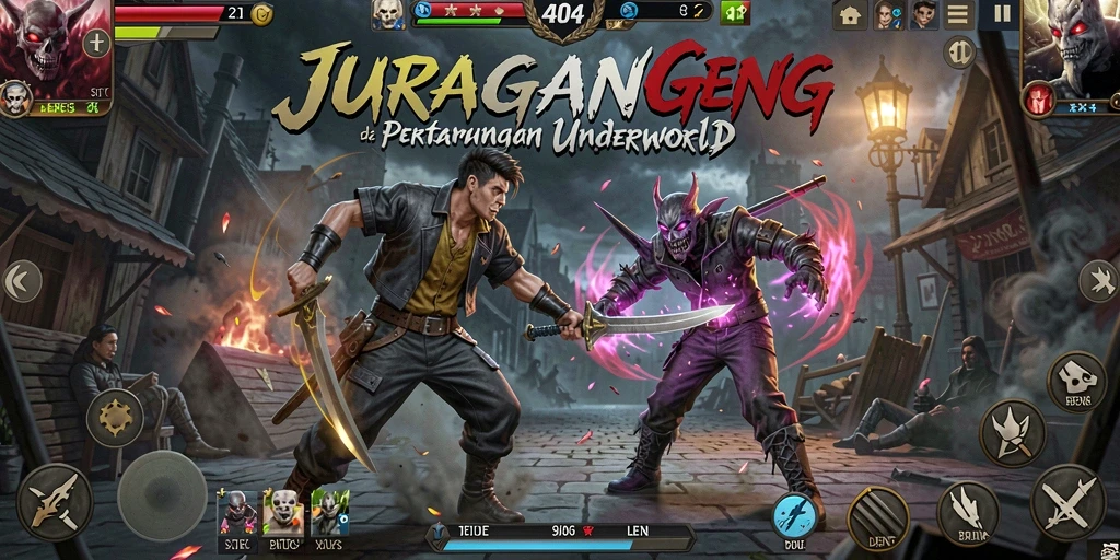 Screenshot gameplay menampilkan pertarungan epik dalam JURAGAN404.