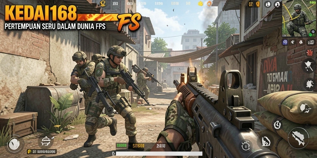 Screenshot KEDAI168 menampilkan aksi pertempuran FPS yang mendebarkan.