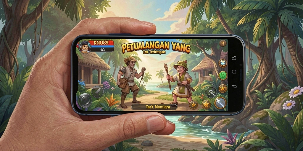 Screenshot menunjukkan karakter yang menjelajahi dunia petualangan yang mengesankan.