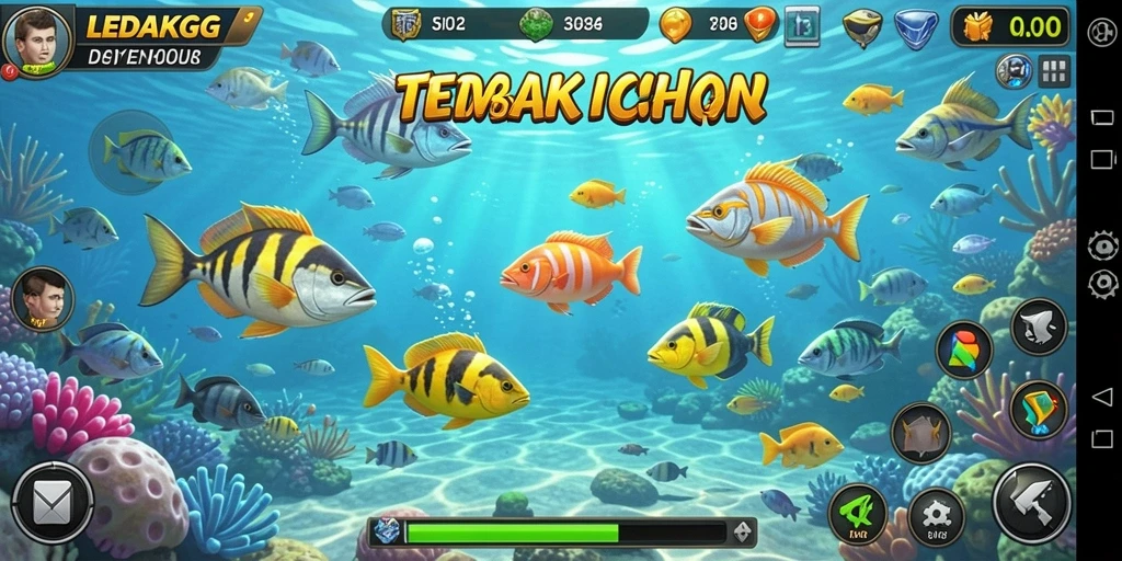 Screenshot utama yang menunjukkan aksi seru bermain Tembak Ikan.