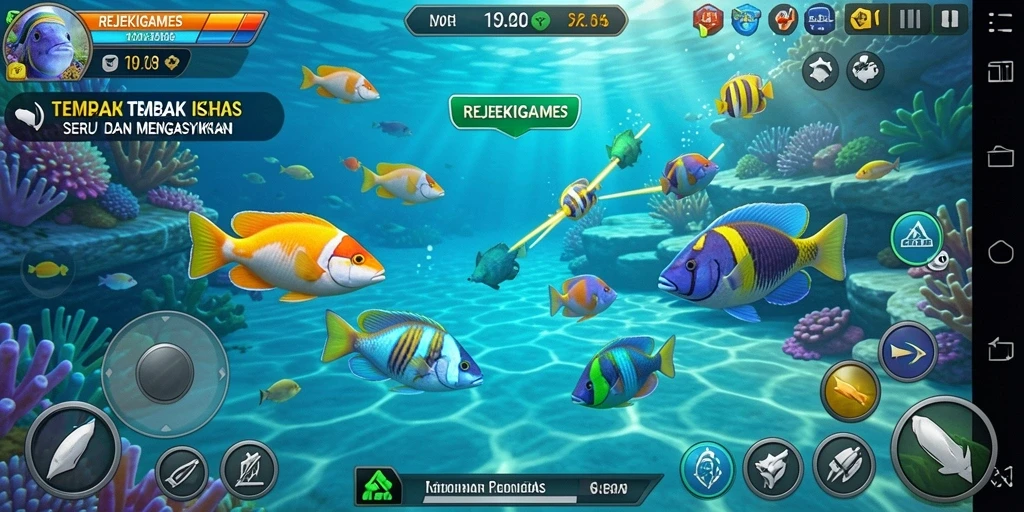 Tangkapan layar gameplay <strong>REJEKIGAMES</strong> menampilkan aksi seru dalam menembak ikan.