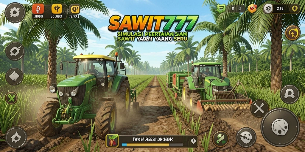 Tampilan screenshot gameplay SAWIT777 dengan kebun sawit yang subur.