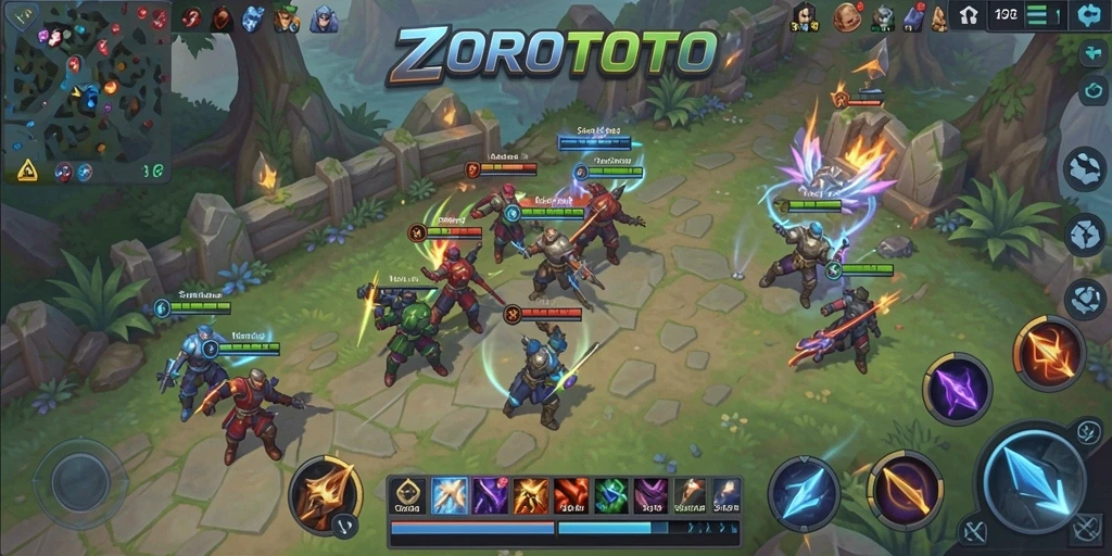 Tangkapan layar gameplay ZOROTOTO yang menunjukkan pertarungan seru di arena.
